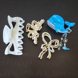 Assorted Hair Clips Set - Blue Whale, Pearl Butterfly, Gold Bow, White Claw